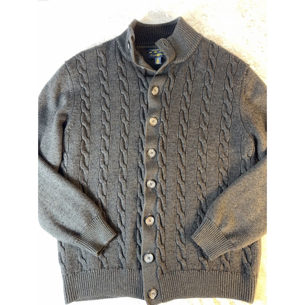 Club Room Womens M Merino Wool Cardigan Sweater Charcoal Cable‎ Knit